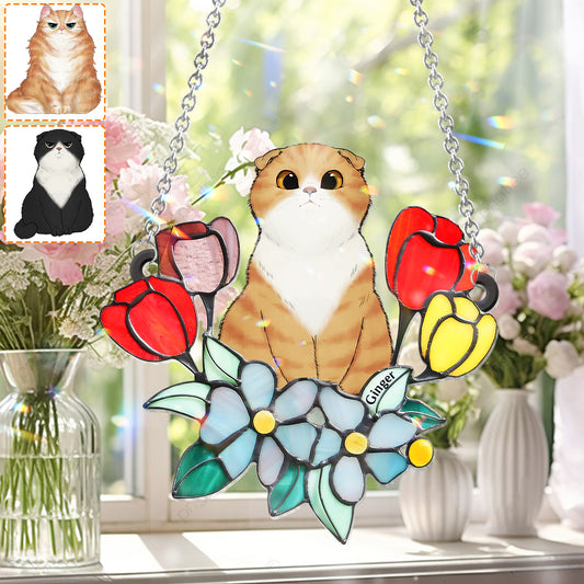 Katze zwischen Blumen – Personalisierter Katzen-Fensterhänger 