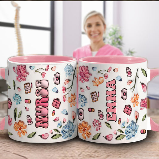 Aufblasbarer, personalisierter Becher mit Krankenschwester-Motiv in Rosa-Pastell mit Blumenmuster