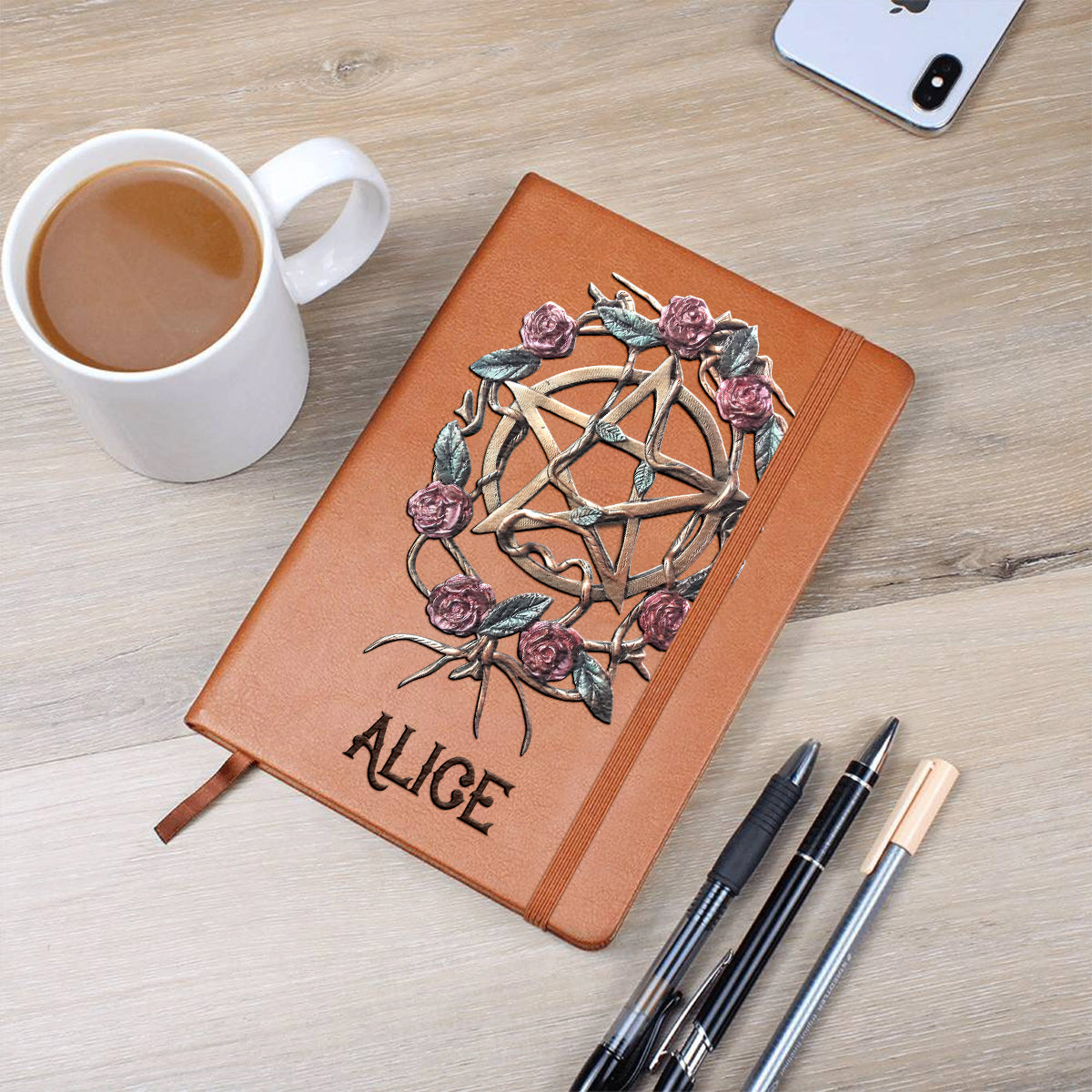 Mystische Hexe Antike Rosen - Personalisiertes Hexen-Lederjournal