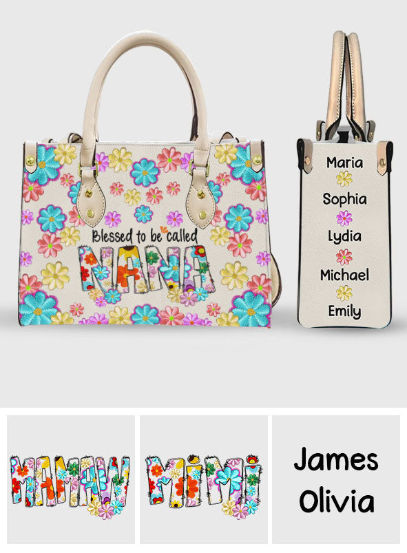 Gesegnet, Nana genannt zu werden – Personalisierte Oma-Lederhandtasche im floralen Stil