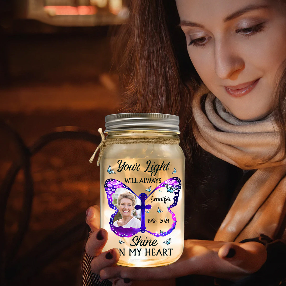 Your Light Will Always Shine In My Heart - Personalized Memorial Mason Jar Light