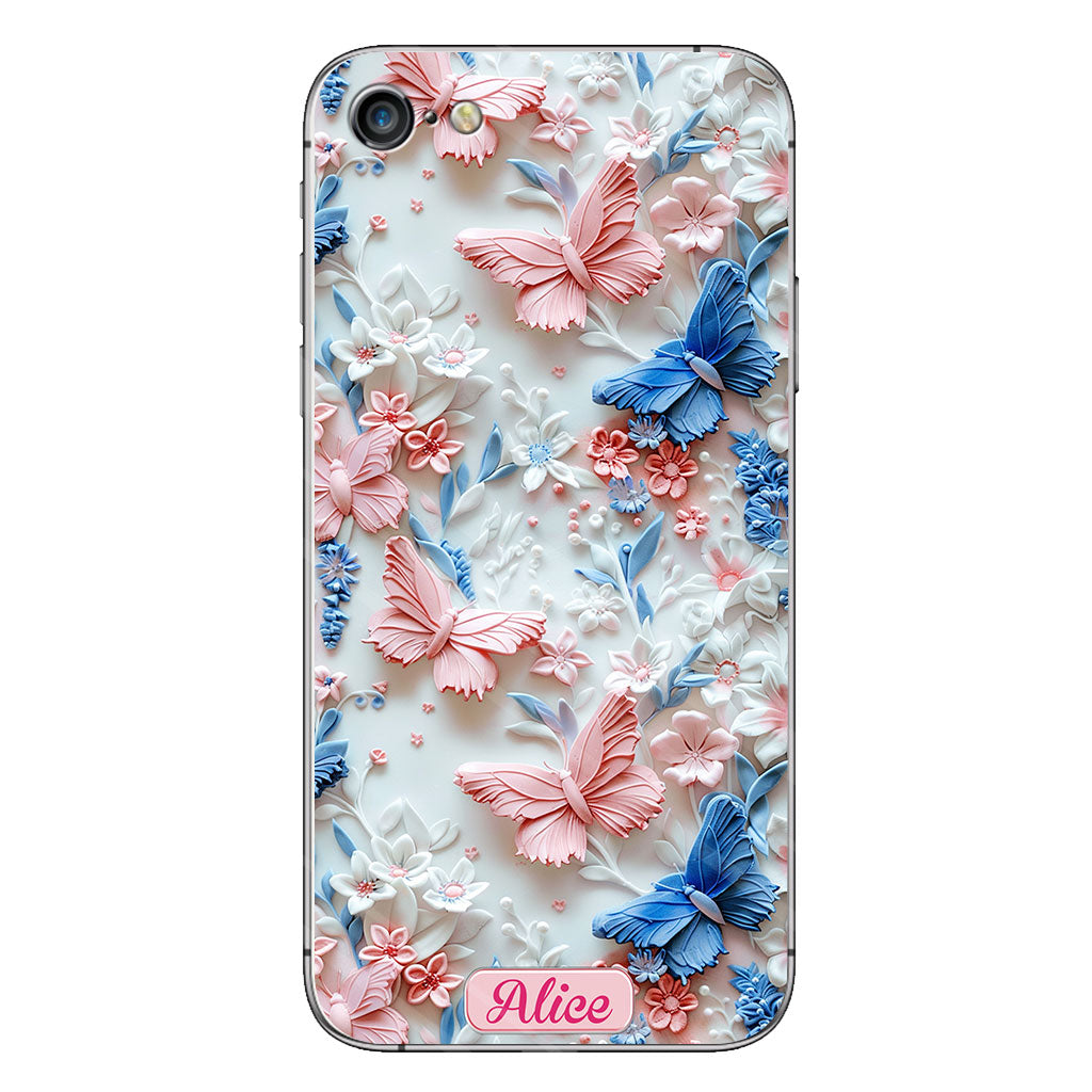 Rosa und blaue Schmetterlinge – Personalisierte transparente Schmetterlings-Handyhülle
