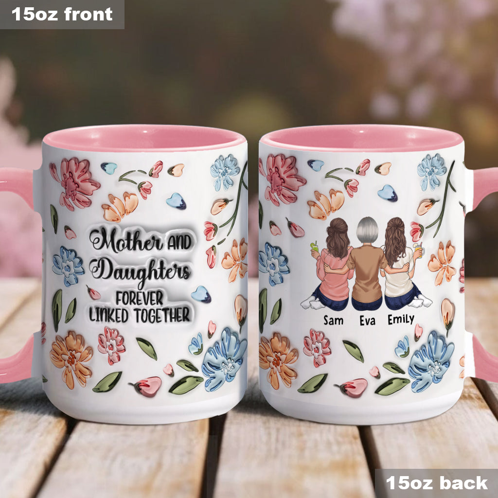 Mutter und Töchter, Söhne, Kinder – für immer verbunden – Personalisierte Tasse mit Blumenmuster und Muttermotiv