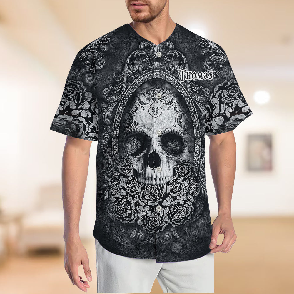 Schwarzes Totenkopf-Baseballtrikot – personalisiertes Totenkopf-Trikot