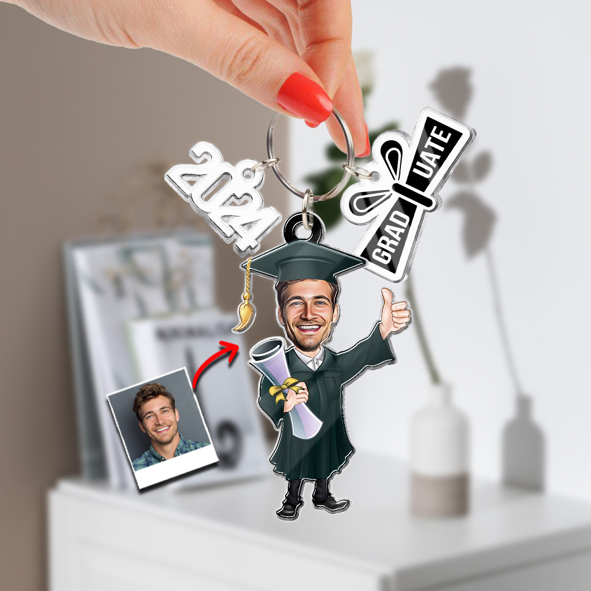 Lustige Absolventen-Karikatur – Personalisierter Schlüsselanhänger mit Anhängern zur Abschlussfeier