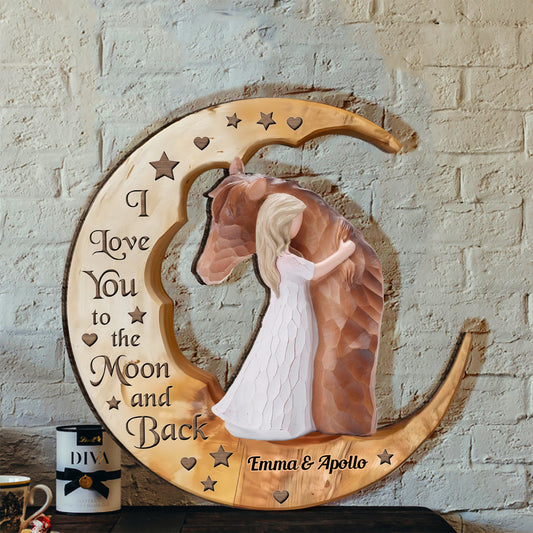 Ich liebe dich bis zum Mond – Personalisiertes Holzschild in Pferdeform