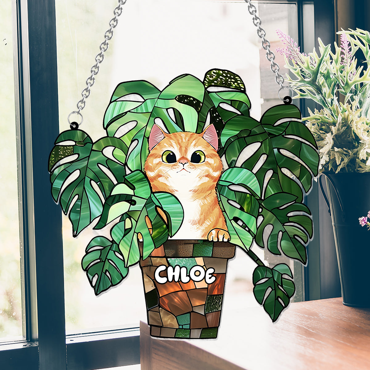 Katze und Monstera – Personalisierter Katzen-Fensterhänger 