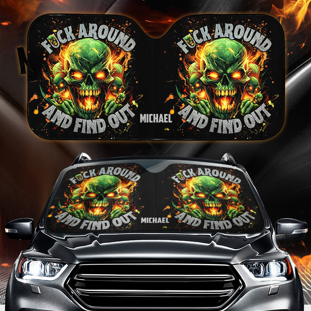 F Around And Find Out Green Fire - Personalisierte Totenkopf-Auto-Sonnenblende