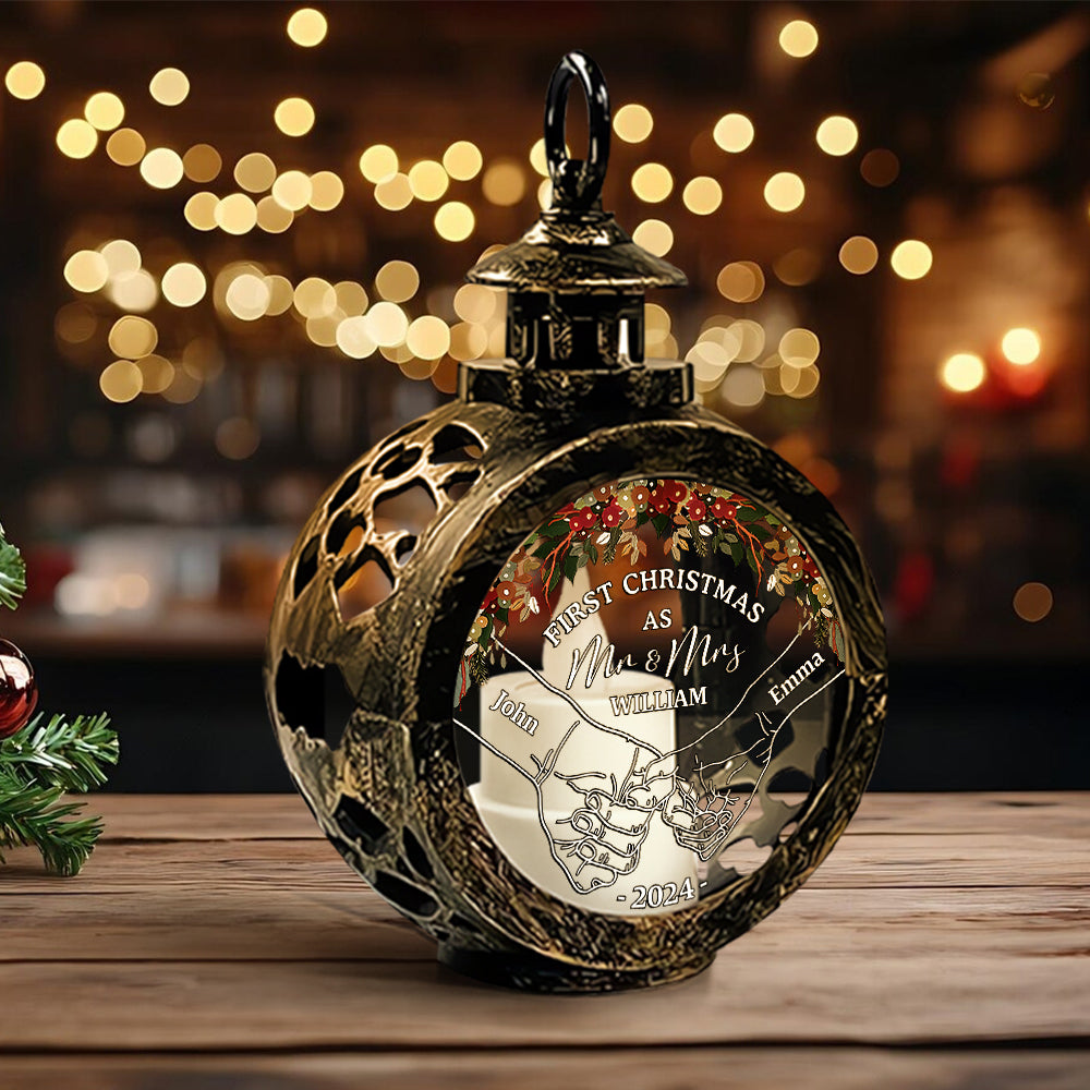 Händchenhaltendes erstes Weihnachtsfest – Personalisierte runde Laterne für Paare mit Licht