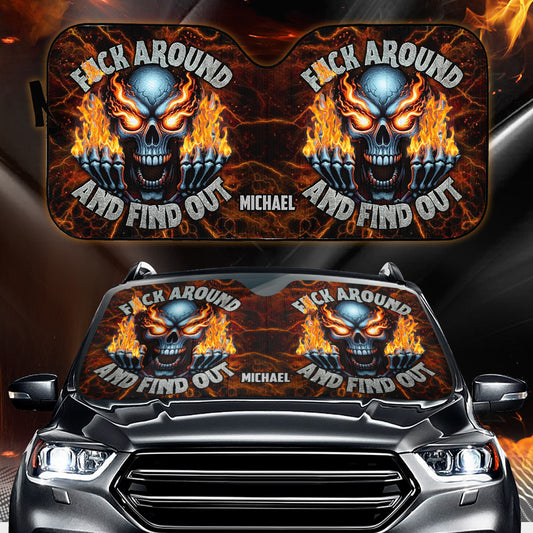 F Around And Find Out Fire Skeleton - Personalisierte Totenkopf-Auto-Sonnenblende
