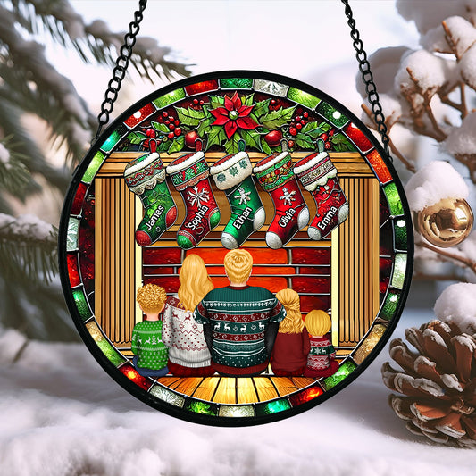 Happy Family Sitting By The Fireplace - Personalized Family Stained Glass Suncatcher