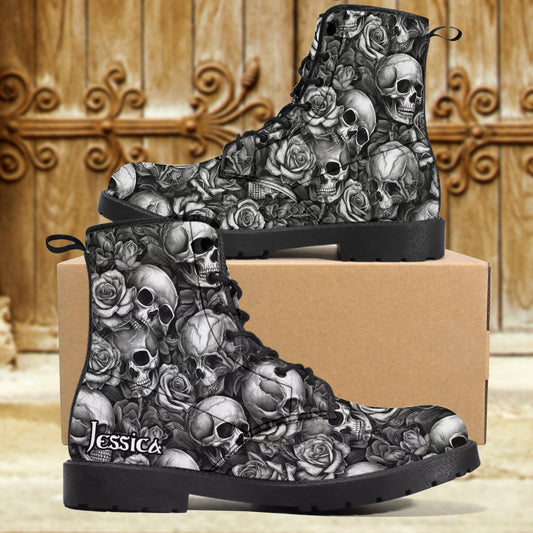 Totenkopf-Rosen Schwarz-Weiß – Personalisierte Totenkopf-Lederstiefel