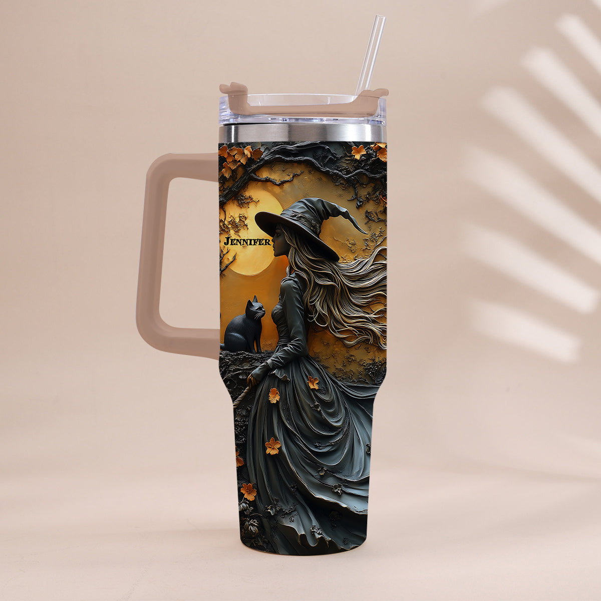 Beautiful Witch & Her Black Cat - Personalized Witch Tumbler With Handle