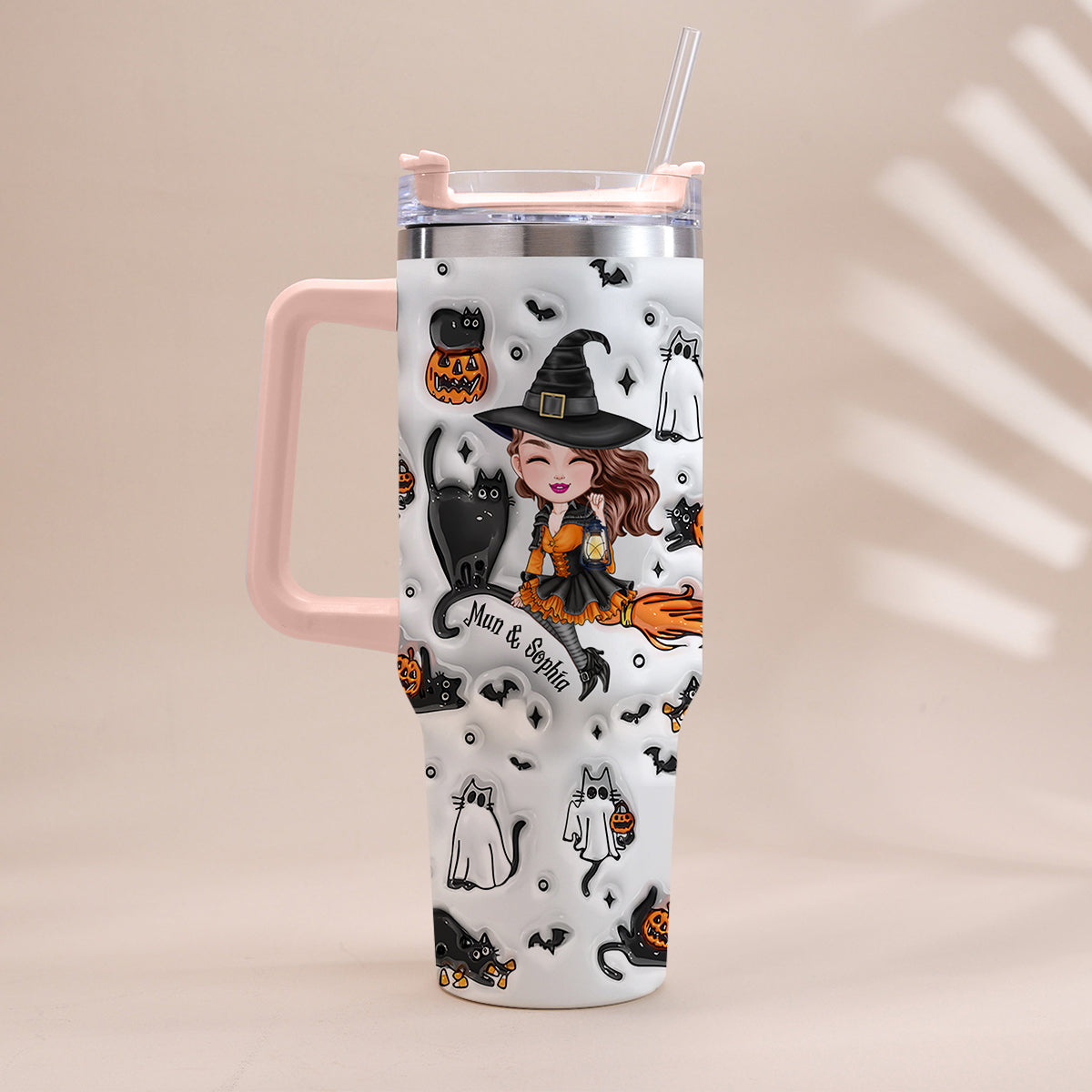 Niedliche Hexe, Halloween-Geist, Boo-Katze – personalisierter Hexenbecher mit Henkel