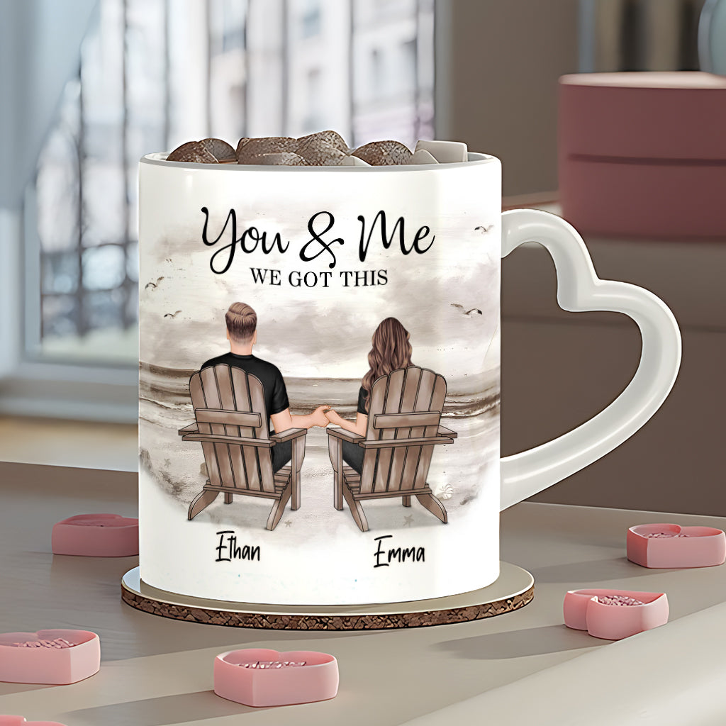 „Du und ich, wir schaffen das“ – Personalisierte Tasse mit Herzgriff für Paare
