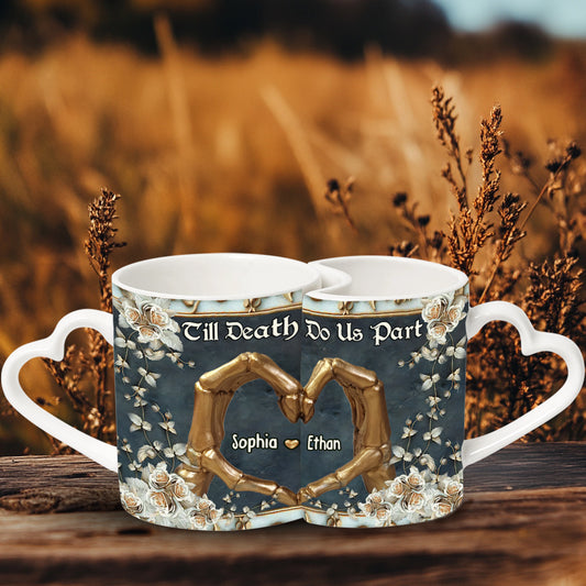 Bis dass der Tod uns scheidet – Personalisierte Tasse mit Totenkopf und passendem Herzgriff