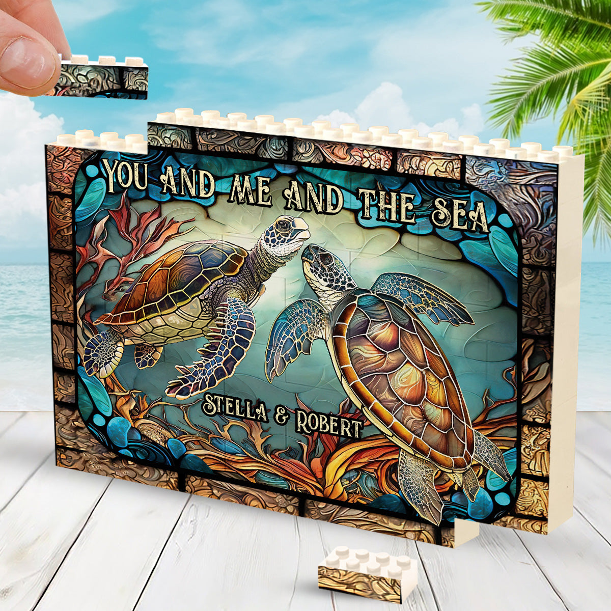 Wunderschöne Schildkröten-Glasmalerei „Du und Ich“ – Personalisierte Schildkröten-Bausteine, einseitig, horizontal, rechteckig