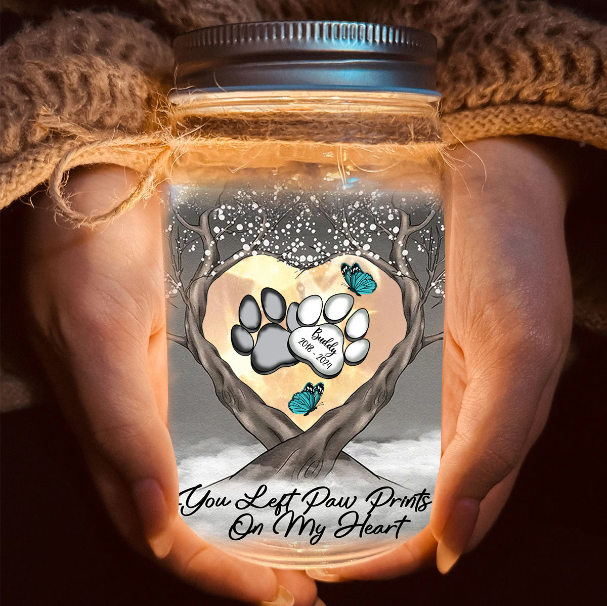 You Left Paw Prints On My Heart - Personalized Dog Mason Jar Light