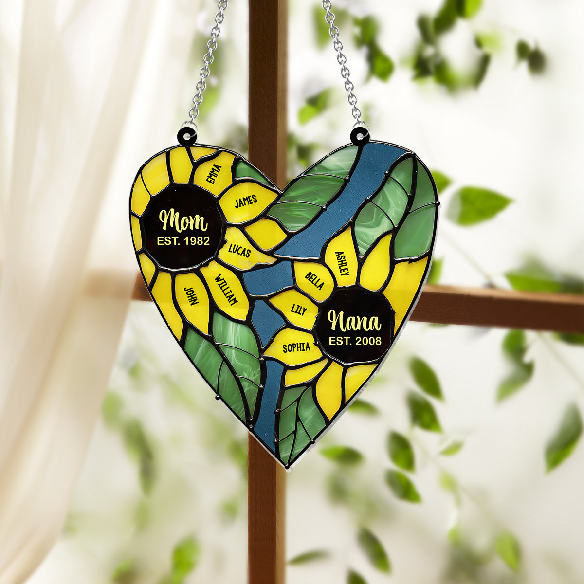 Mama Oma Grüne Herz-Sonnenblume - Personalisierter Oma-Fensterhänger-Sonnenfänger 