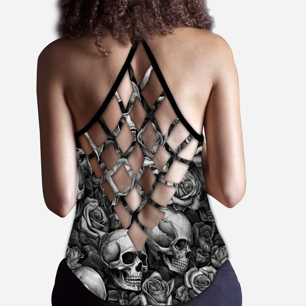 Totenkopf-Rosen Schwarz-Weiß - Personalisiertes Totenkopf-Kreuz-Tanktop