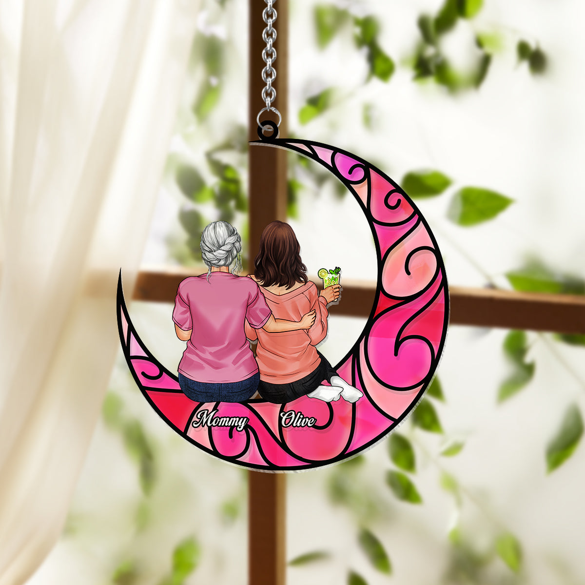 Mutter und Kinder auf dem Mond – Personalisierter Fensterhänger mit Sonnenfänger-Motiv 