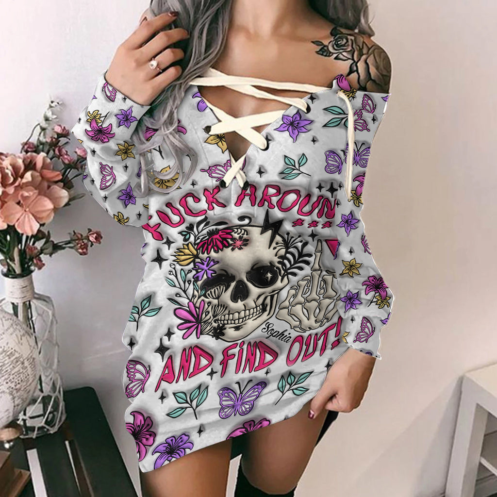 Verarsche es und finde es heraus – personalisiertes Totenkopf-Kleid mit schulterfreiem Oberteil und langen Ärmeln