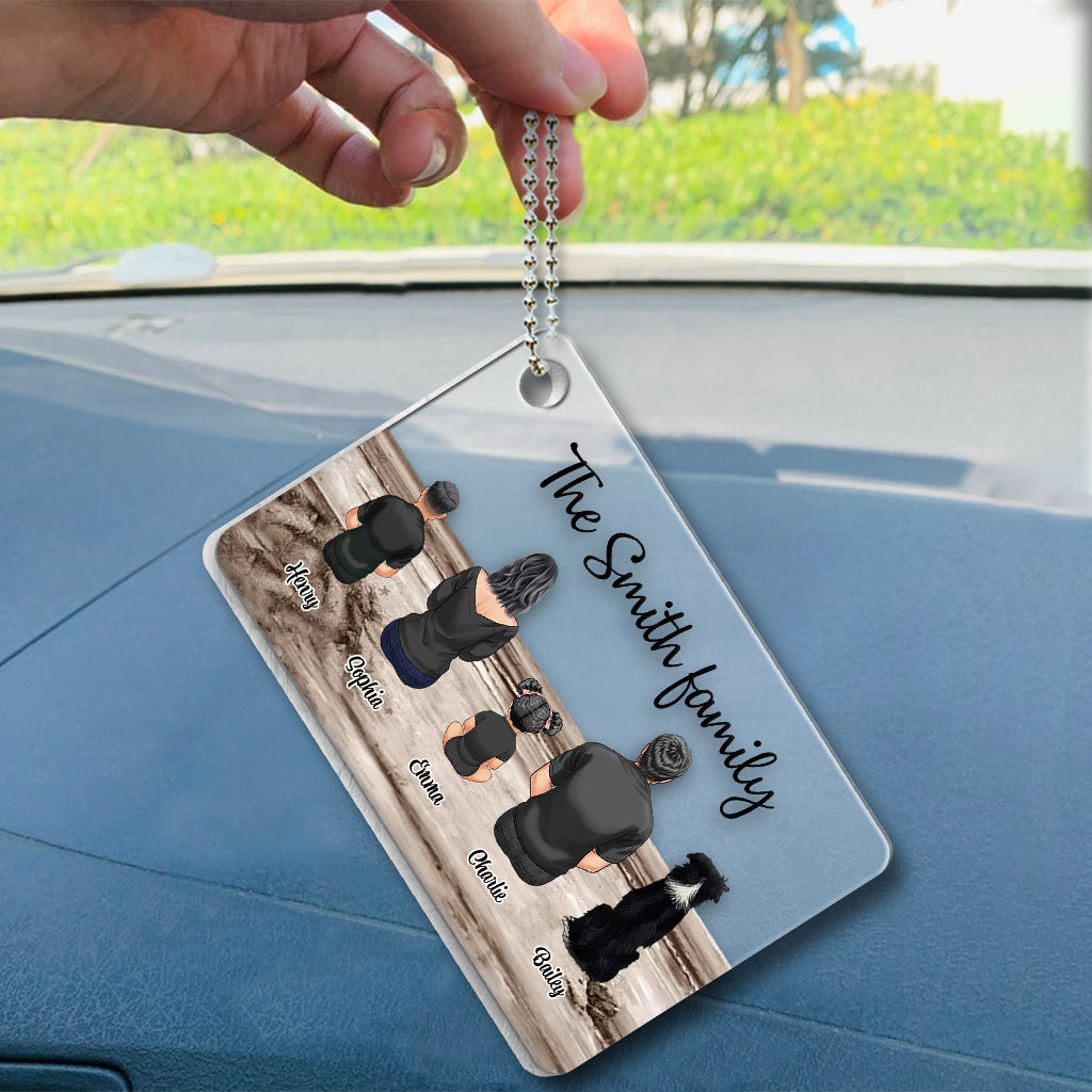 Family Sitting Back View Retro Vintage Beach Landscape - Personalized Family Transparent Car Ornament