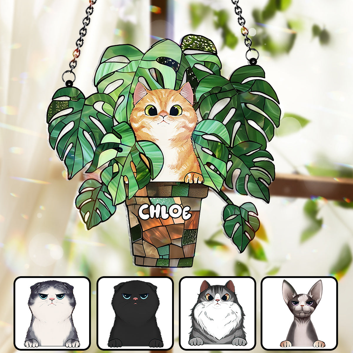 Katze und Monstera – Personalisierter Katzen-Fensterhänger 