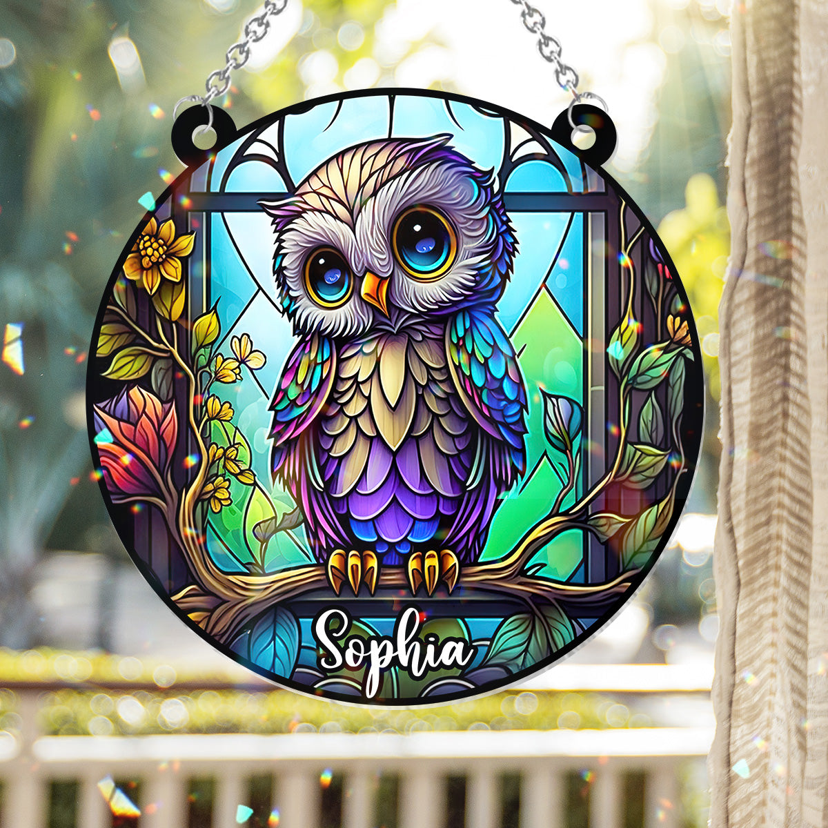 Cute Owl Stained Glass - Personalized Owl Window Hanging Suncatcher Ornament
