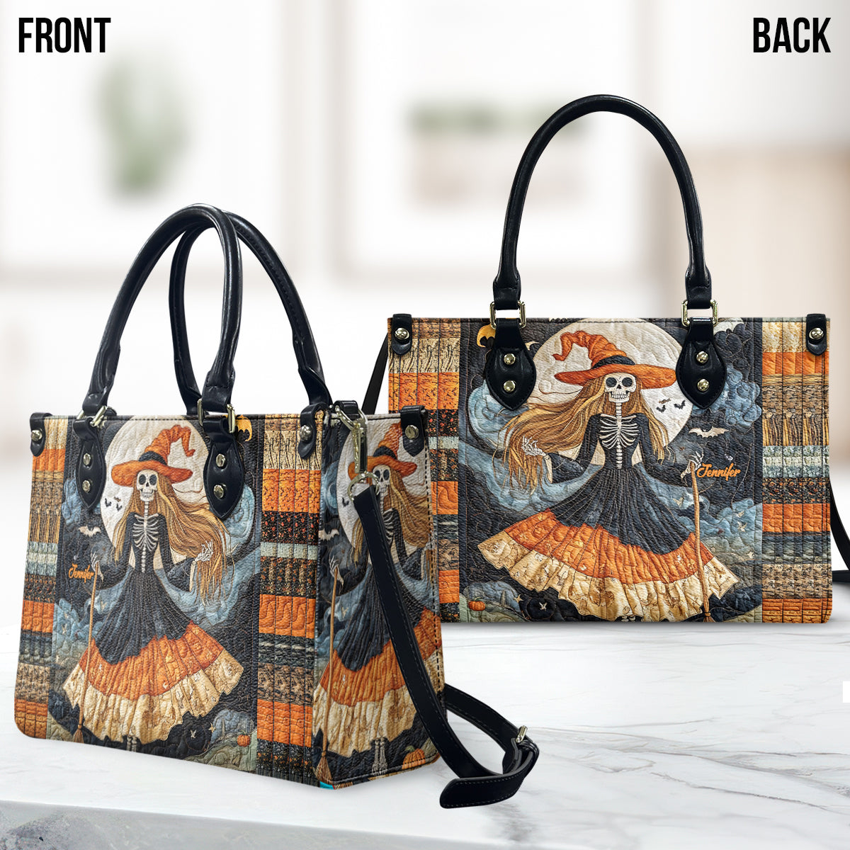 Wunderschöne Totenkopfhexe – personalisierte Hexen-Lederhandtasche