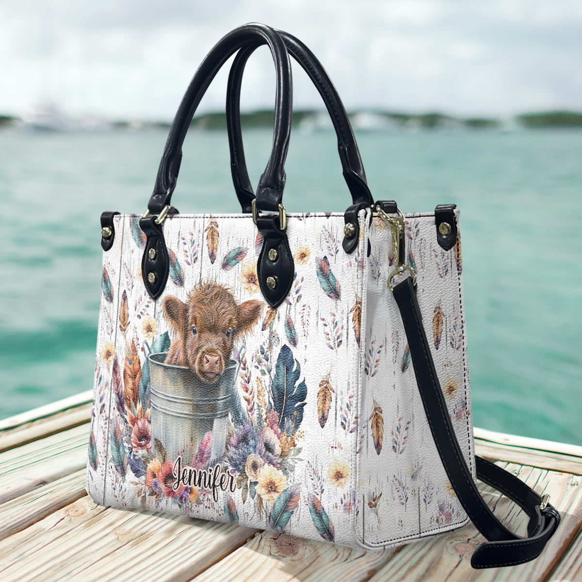 Baby Highland Cow Western Style - Personalisierte Lederhandtasche