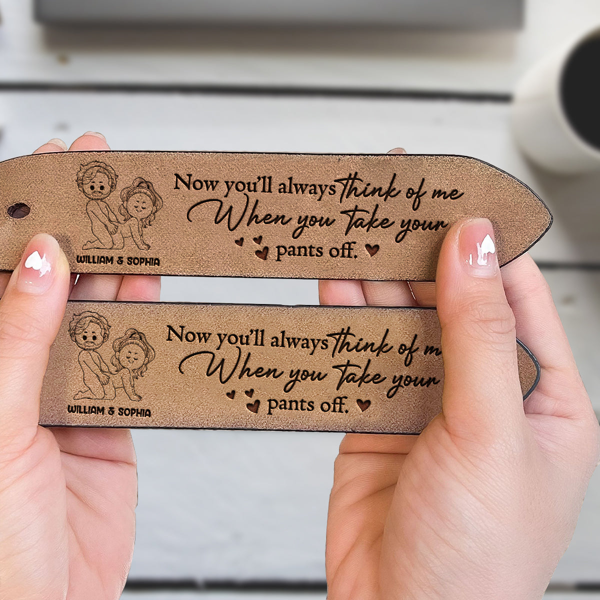 Jetzt denkst du an mich – personalisierter Ledergürtel für Paare