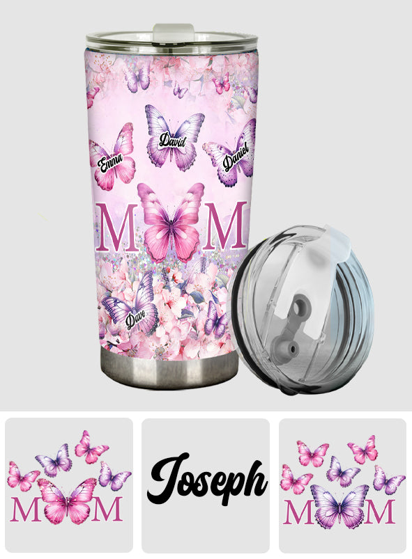 Personalisierter Mutterbecher mit rosa Blumen und Schmetterling