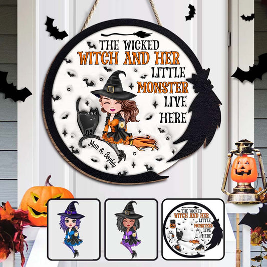 The Wicked Witch And Her Little Monsters Live Here - Personalized Witch Custom Shaped Wood Sign