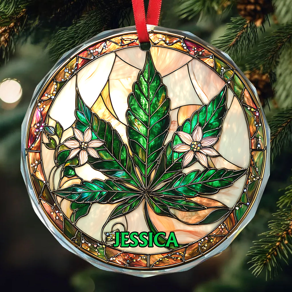 Hohe Weihnachten – Personalisierter runder Glasornament in Cannabisform