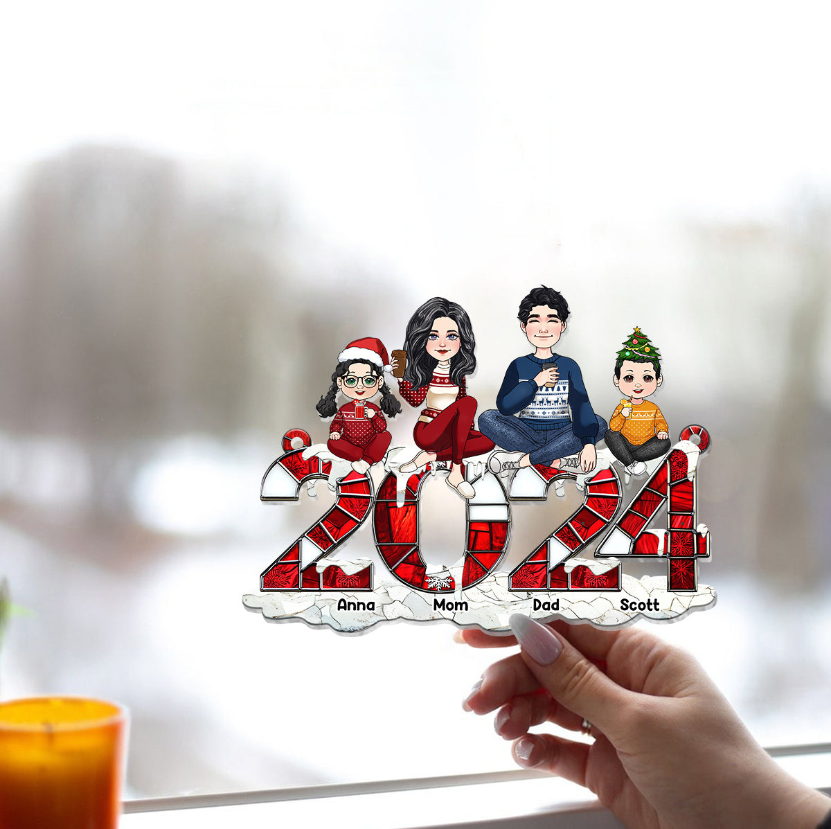 Weihnachten 2024 – Personalisierter Familien-Fensterhänger-Sonnenfänger als Ornament 