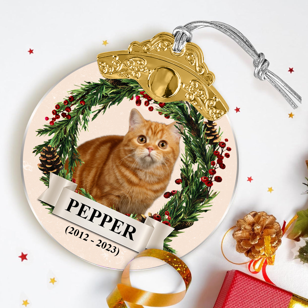 Personalisiertes Foto eines liebenswerten Haustiergesichts – Vintage-Katzenornament