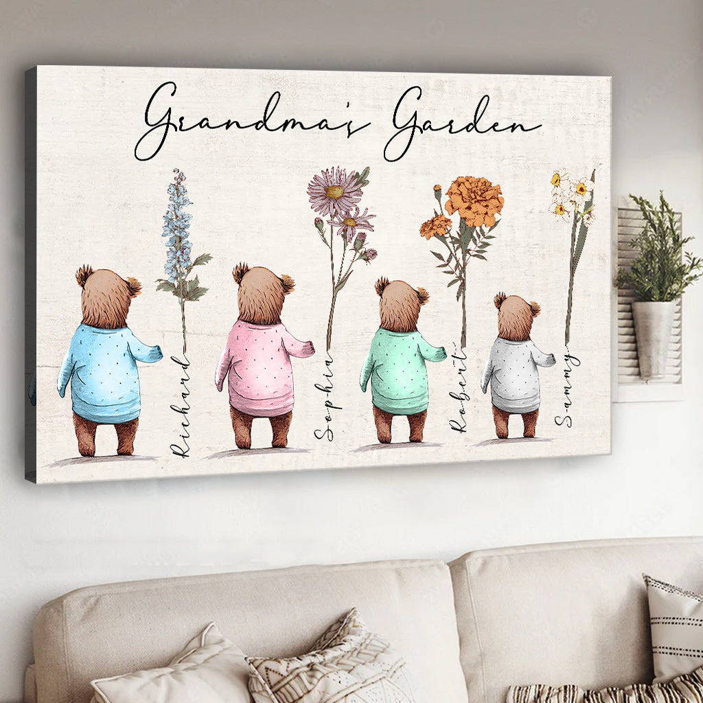 Omas Garten: Babybären, Geburtsblumen – Personalisierte Leinwand und Poster