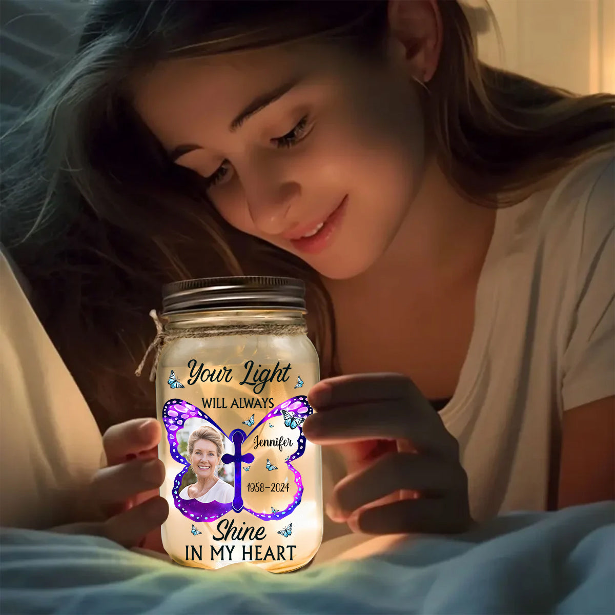 Your Light Will Always Shine In My Heart - Personalized Memorial Mason Jar Light