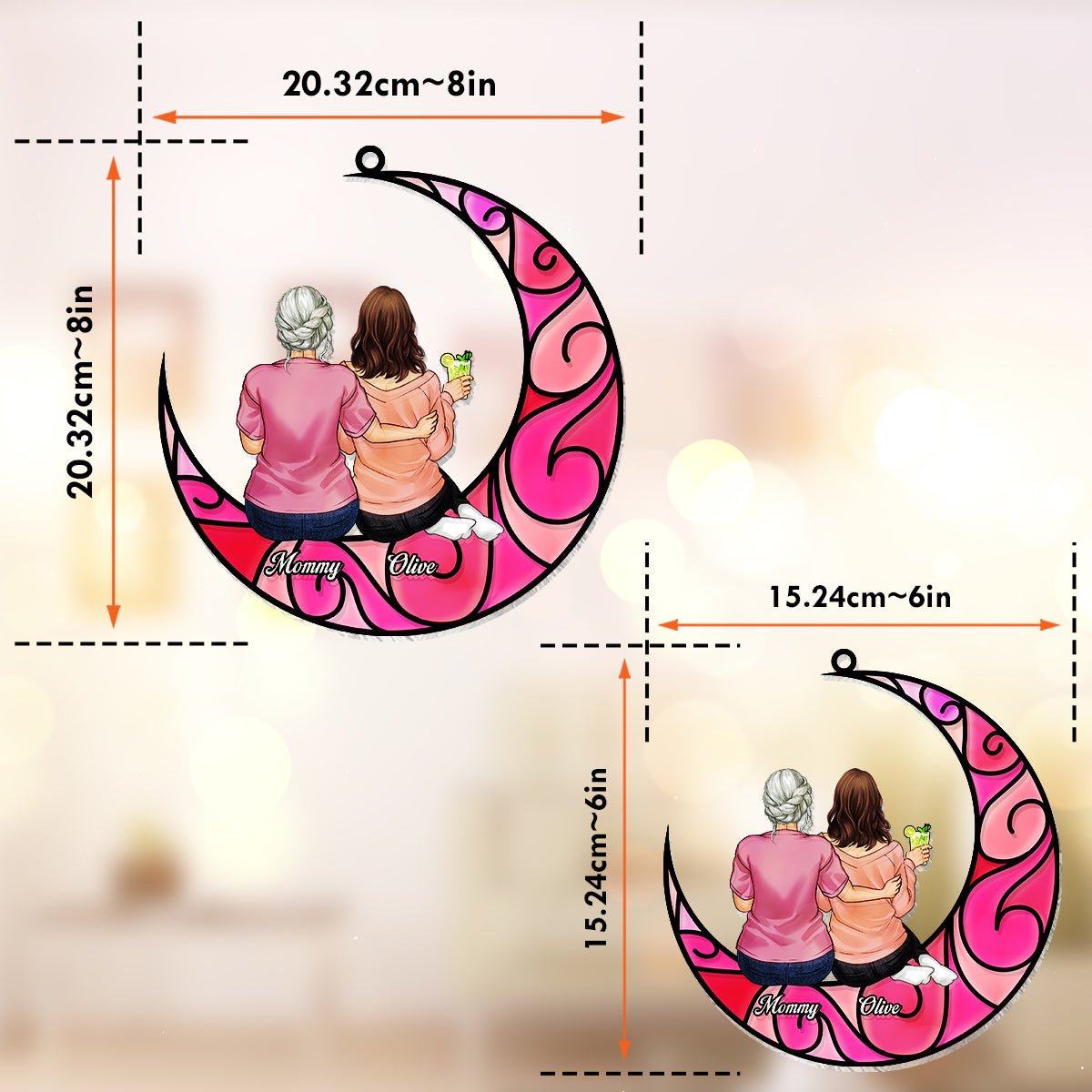 Mutter und Kinder auf dem Mond – Personalisierter Fensterhänger mit Sonnenfänger-Motiv 