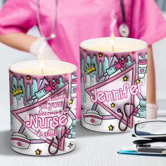 Schau mal, wie du Krankenschwester wirst! Personalisierte Krankenschwester-Kerze mit Holzdeckel