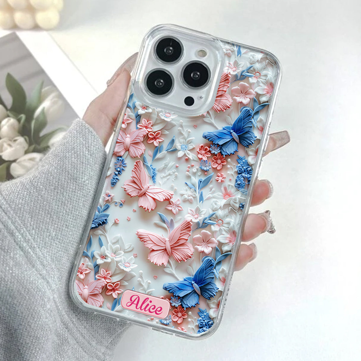 Rosa und blaue Schmetterlinge – Personalisierte transparente Schmetterlings-Handyhülle