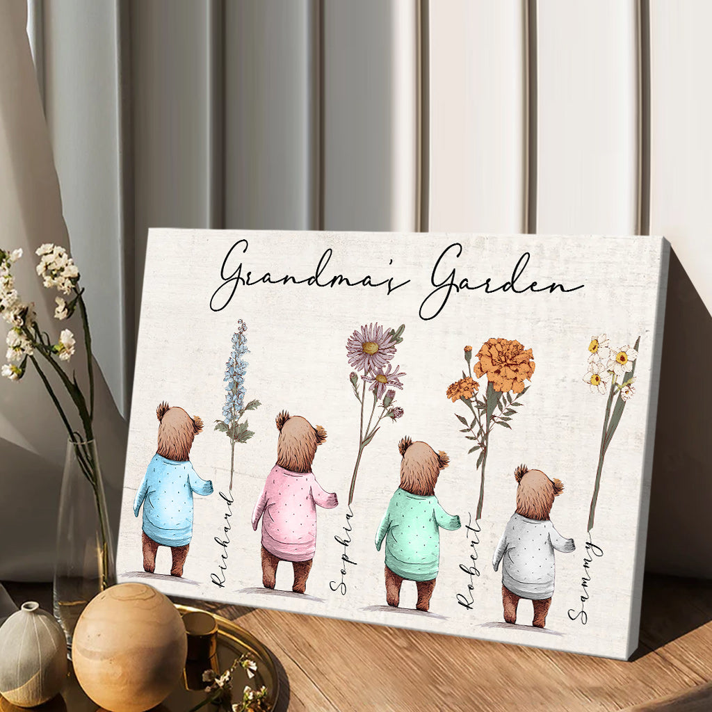 Omas Garten: Babybären, Geburtsblumen – Personalisierte Leinwand und Poster