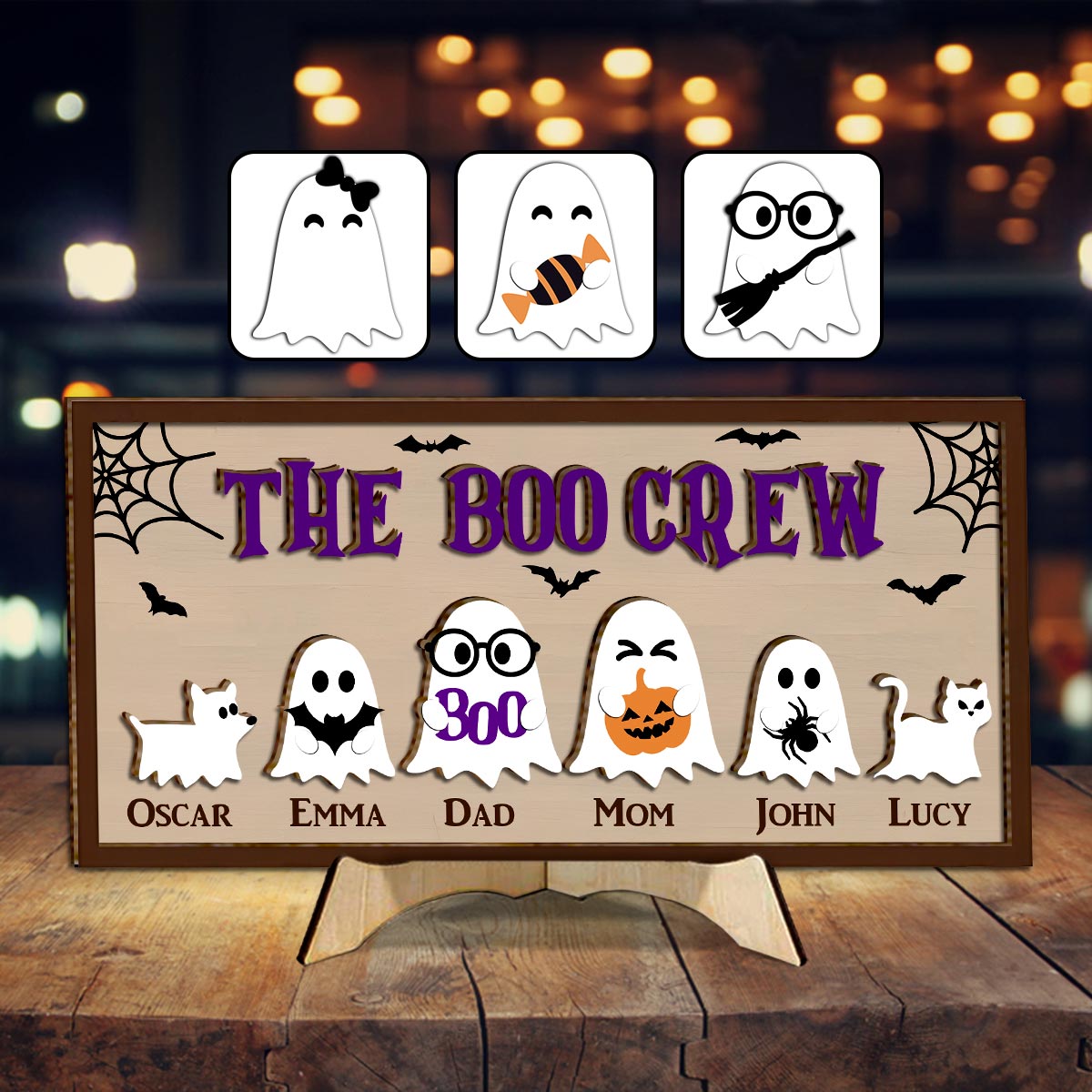 Die Boo Crew – Personalisiertes Familien-Holzschild (2-lagig) / Holzplakette