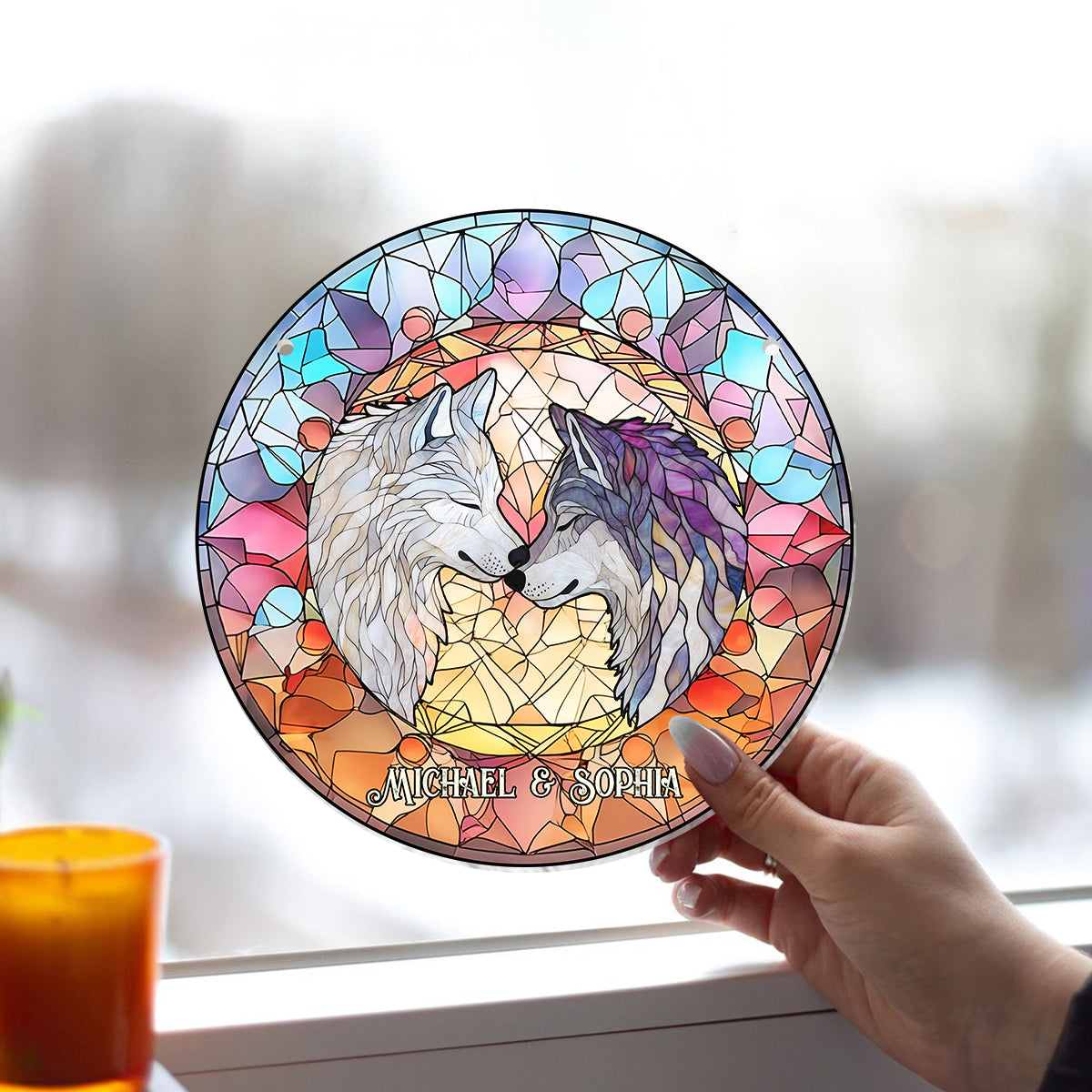Seelenverwandte Wölfe – Personalisierter Wolf-Fensterhänger als Sonnenfänger