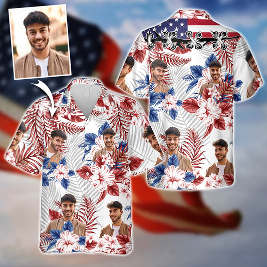 Amerikanische Flagge mit Blume – Personalisiertes Hawaiihemd zum Unabhängigkeitstag/4. Juli
