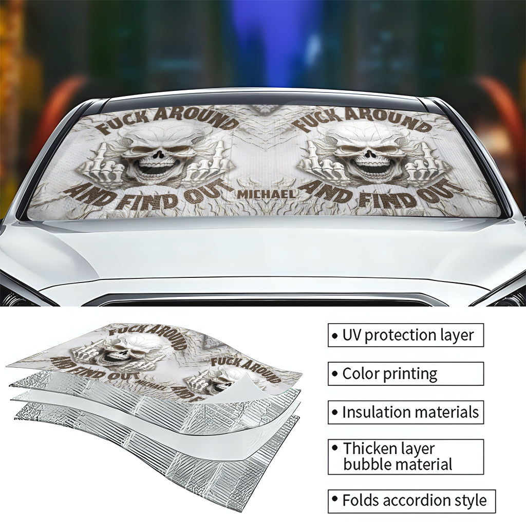 F Around And Find Out White Skull - Personalisierte Totenkopf-Auto-Sonnenblende