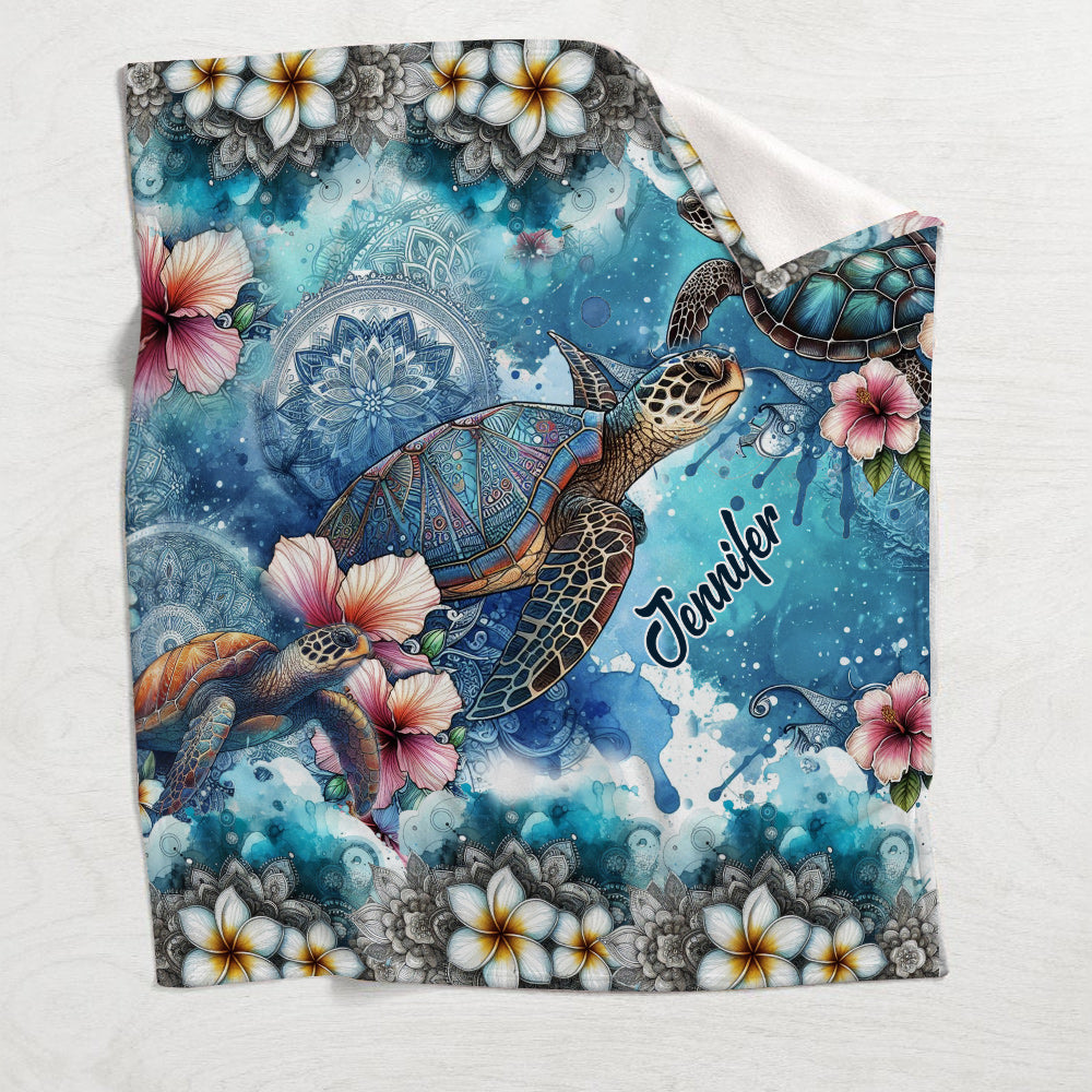Sea Turtle Mandala Tropical Flower - Personalized Turtle Blanket