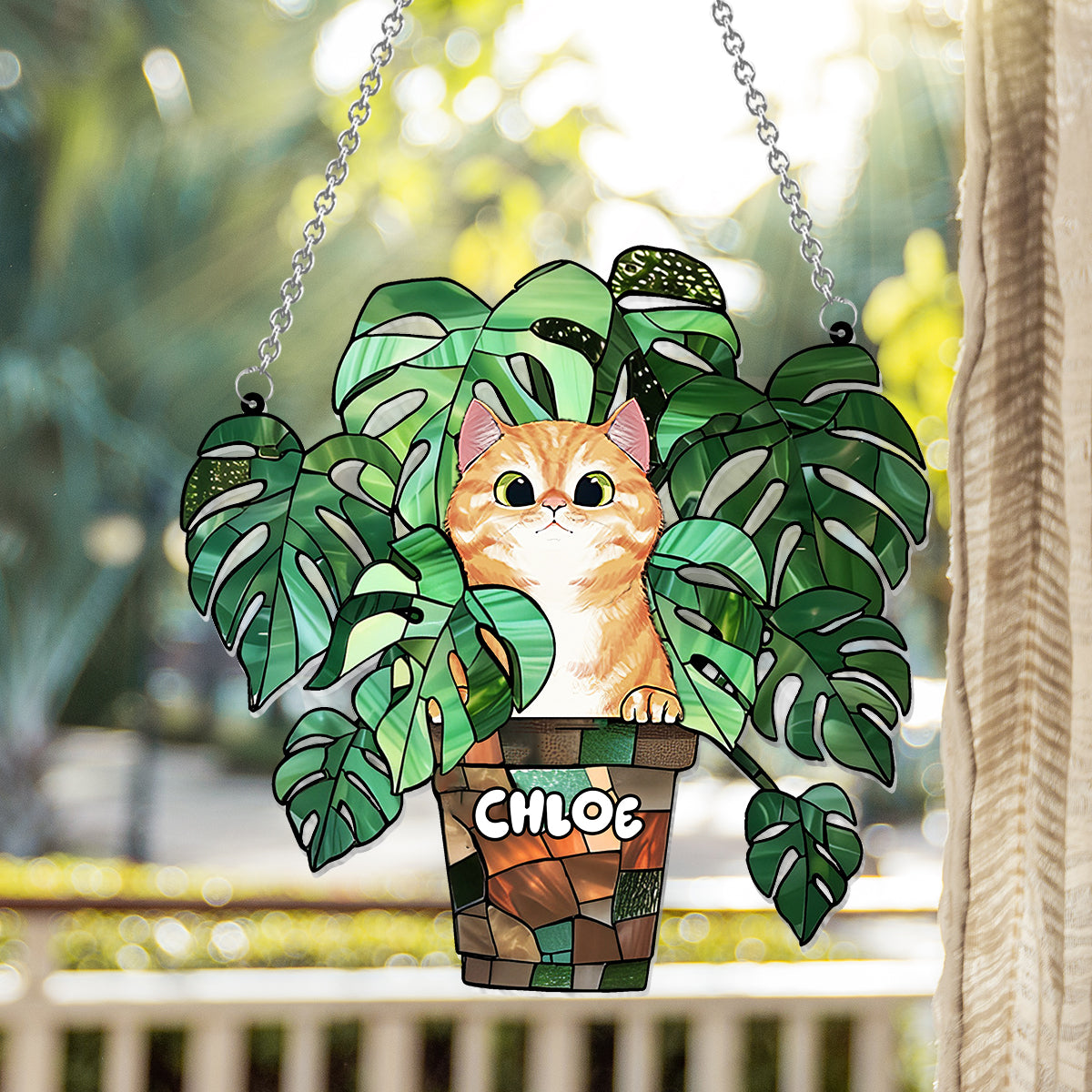 Katze und Monstera – Personalisierter Katzen-Fensterhänger 