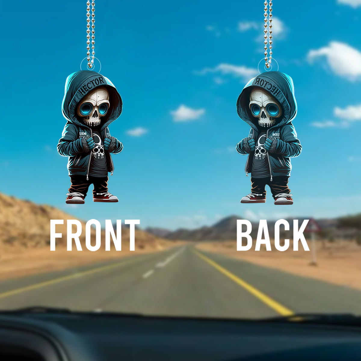 Stilvolles Skelett – Personalisierter Totenkopf als Autoanhänger in individueller Form